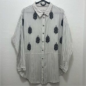 Anthropologie Aubrey Striped Embroidered Button Down Tunic Shirt Size M / L
